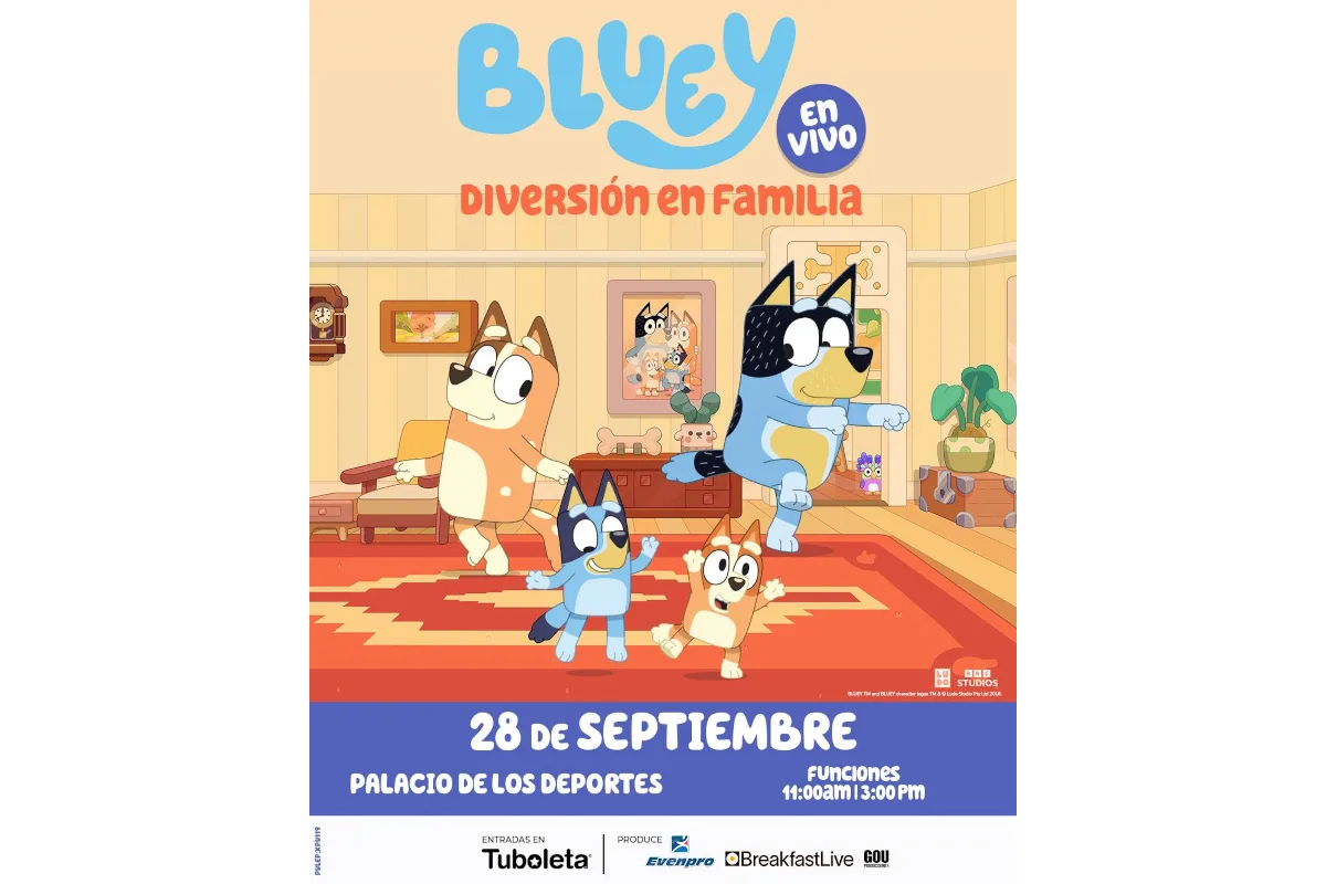 El espectáculo teatral “Bluey En Vivo – Diversión en Familia” se presentará el próximo 28 de septiembre en el Palacio de los Deportes, con dos funciones (11:00am y 3:00pm)  llenas de color, humor y ternura - Foto: Breakfast Live
