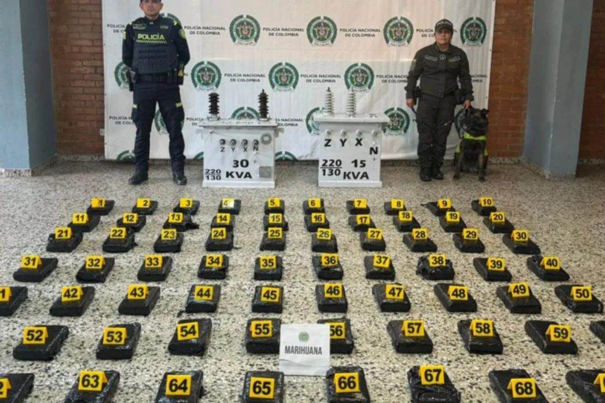 La Policía incautó 84 kilos de marihuana ocultos en transformadores de energía en el aeropuerto El Dorado. La droga tenía como destino final la isla de San Andrés - Foto: @PoliciaBogota